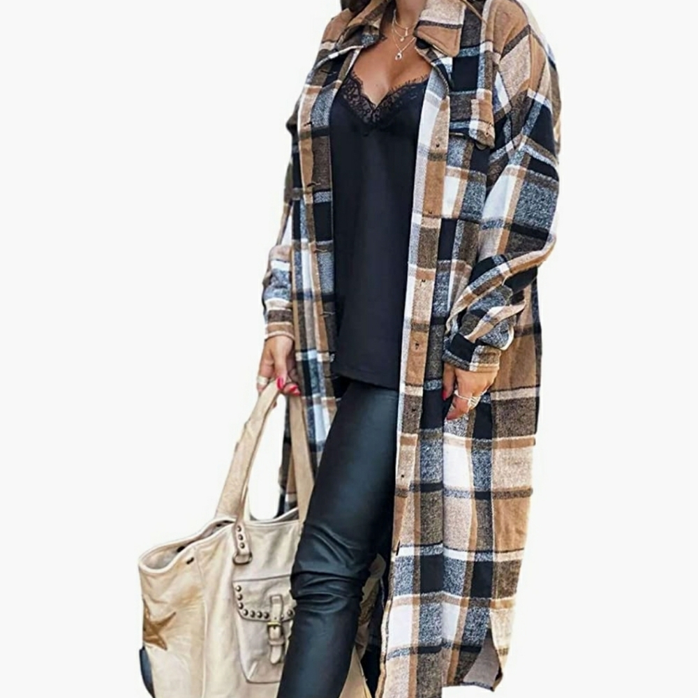 NWT plaid woolen button up pocketed long shacket- Small